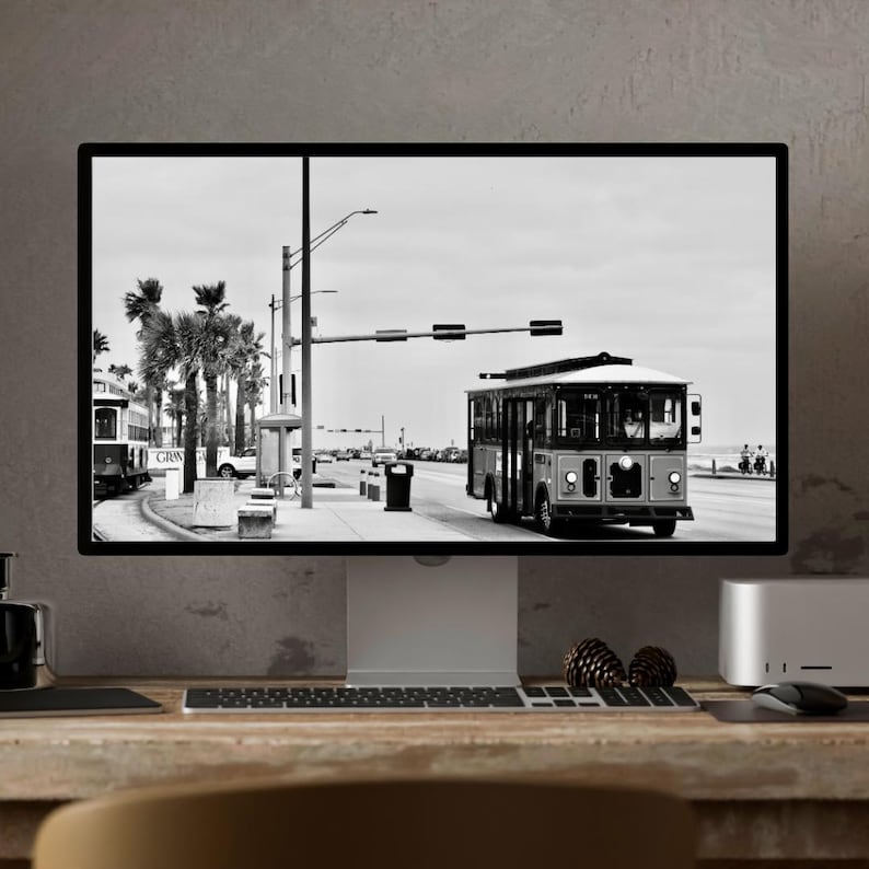 Galveston Island Trolley Print | Texas Coastal Black and White Photography (Digital Download) image 3