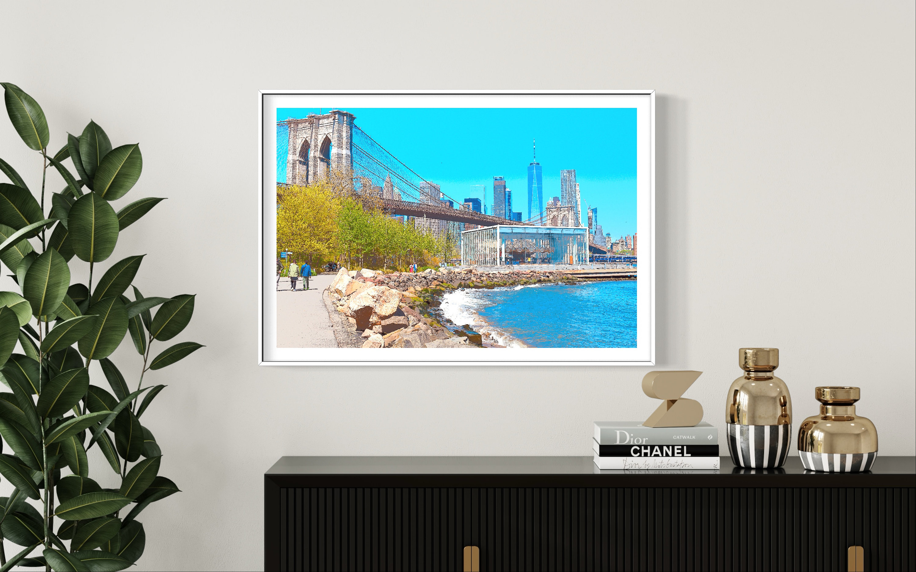 NYC Skyline View from Brooklyn Bridge Park | Pebble Beach | Photo Illustration Special Effect | Digital Wall Art