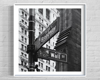 Broadway & Wall Street Intersection in Financial District | Black and White Photography | New York City Wall Decor