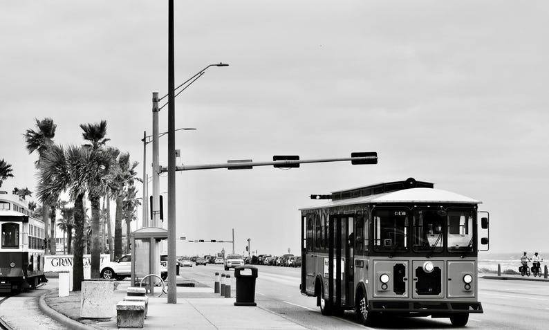 Galveston Island Trolley Print | Texas Coastal Black and White Photography (Digital Download) image 1