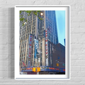 May include: A vintage-style illustration of Radio City Music Hall in New York City. The building is tall and has a red sign that says "Radio City" on it. The sign is lit up with yellow lights. The building is surrounded by other buildings and a street.