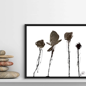 Dipinto astratto originale floreale in bianco e nero 11x14 firmato da un artista dell'Illinois Chicago, persone, minimalismo, rose, steli, petali, firmato