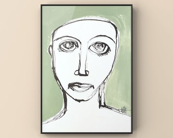 9x11 Abstract Painting OOAK Signed Local Minimalism Female Woman Human Body Face Ink Paint Eyes Portrait Sage Green mixed Media Bw