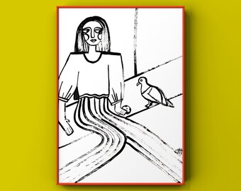 11x14 Girl at The Bus Stop Abstract Painting OOAK Signed Local Art Minimalism Female Woman BW Modern Original Pidgeon Cookie