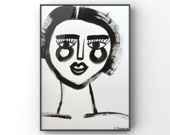 Short Hair Don’t Care - 9x12 Painting Woman Abstract BW OOAK One of a Kind Handmade Retro Art Original Wall Art Decor MCM