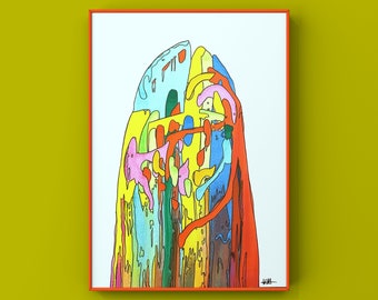 Collapse of Civilization Abstract Painting on 11x14 Paper OOAK One of a Kind Handmade Colorful Retro Art Original Wall Art Trippy Bright