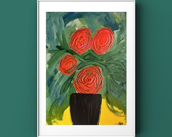 9x12 Signed Original Abstract Flowers in Vase Colorful Black Mixed Media Watercolors Acrylic Pastels Roses Peonies Blues Greens