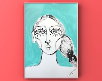 The Way She Looks At Me - 11x14 Painting Woman Abstract One of a Kind Handmade Retro Art Original Wall Art Decor MCM Black and White Signed