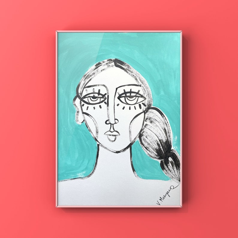 The Way She Looks At Me 11x14 Painting Woman Abstract One of a Kind Handmade Retro Art Original Wall Art Decor MCM Black and White Signed image 1