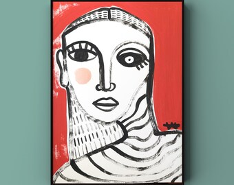 11x14 Abstract Portrait Female Red Painting OOAK Signed Local Art Minimalism Local Artist Chicago Illinois One of a Kind Black and White