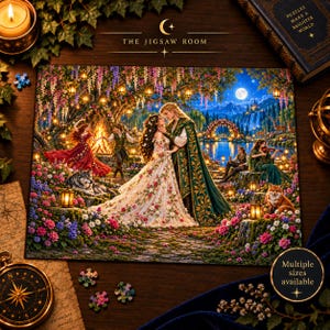 May include: A rectangular jigsaw puzzle featuring a fantasy scene of a couple in formal attire surrounded by flowers, a wolf, a fox, and other figures in a moonlit forest. The puzzle box lid displays the text THE JIGSAW ROOM and Multiple sizes available.