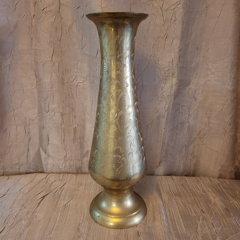Beautiful Vintage Etched Brass Vase Decor Collectible Brass Etsy