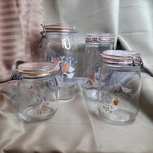 4 Vintage Glass Canister Jar Set 1/2 lt to 2 lbs- 3 Lts is 10" tall Decor Canisters Vintage Canisters Glass Canisters Storage Display Jars