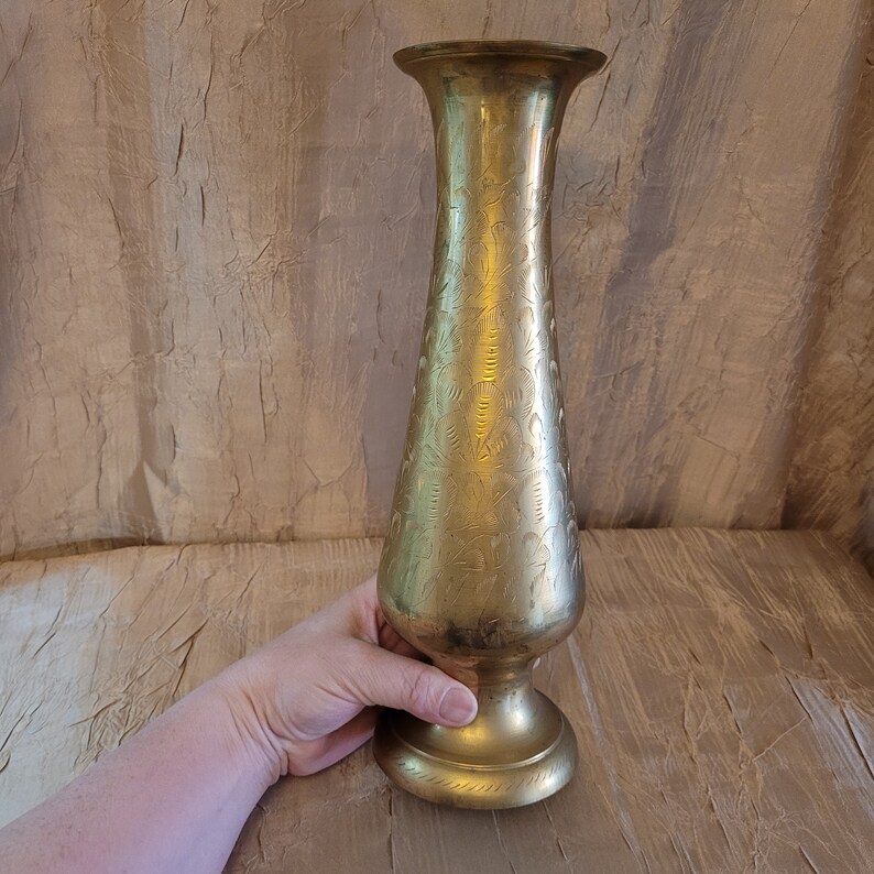 Beautiful Vintage Etched Brass Vase Decor Collectible Brass Etsy