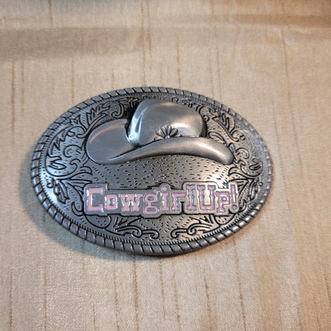 Vintage Metal Cowgirl up Belt Buckle Cowboy and Cowgirl Horses Etsy