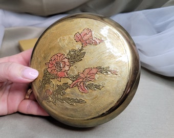 Beautiful Vintage Solid Brass Trinket Bowl with Enameled Lid - Some Glow - Brass Trinket Dish Trinket Brass Holder Brass Catch All