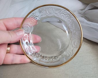 Glass Trinket Dish Cute Little Glass with Gold Trim 4 1/4" Round Now and Forever Trinket etc. Dish Glass Dish Glass Trinket Dish