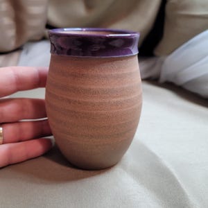 May include: A small, brown ceramic vase with a purple rim. The vase has a textured, slightly rough surface.