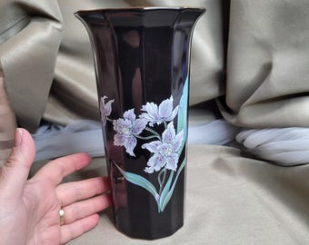 Vintage Vases Mid Century Japan Ceramic Black Floral Thistle Retro