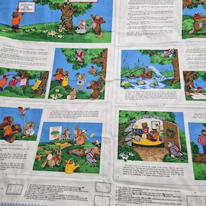 Peut inclure: Un panneau de tissu pour un livre pour enfants intitulé Owl Saves The Day, présentant plusieurs illustrations colorées d'animaux des bois, dont des hiboux, des ours et des lapins. Le tissu blanc inclut du texte et des instructions de couture.