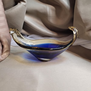 Art Glass Decor Beautiful Orange and Blue Solid Art Glass Decor Bowl 9&quot; x 4 3/4&quot; Art Glass Bowl Swirl Glass Bowl Decor