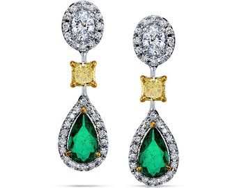 Colombian Emerald Earrings with Fancy Yellow Diamonds, Oval Diamonds, White Diamonds, & 18K White Gold