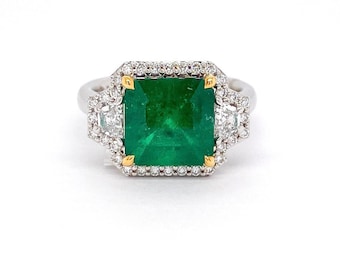 Colombian Emerald Ring with White Diamonds & 18K White GOLD