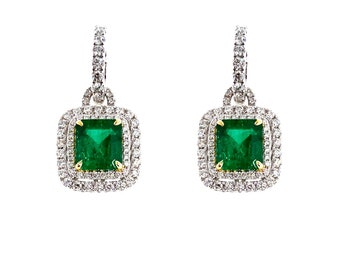 Colombian Emerald Earrings with White Diamonds and 18K White Gold