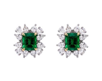 Colombian Emerald Earrings  with Pear Shaped Diamonds and 18K White GOLD