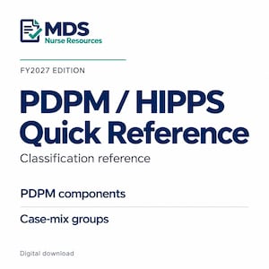 Op de afbeelding: Een wit document getiteld PDPM / HIPPS Quick Reference FY2027 EDITION door MDS Nurse Resources. Het bevat secties voor Classification reference, PDPM components en Case-mix groups. De tekst is donkerblauw en groenblauw op een witte achtergrond.