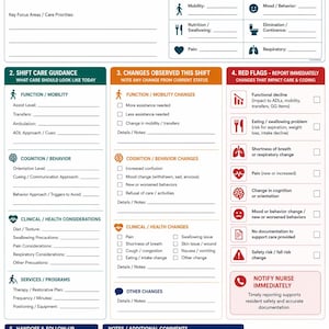 May include: A white and blue care Kardex form with sections for resident information, shift guidance, observed changes, and red flags. Includes checkboxes and space for notes, designed for healthcare documentation.