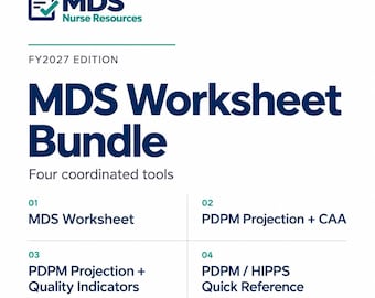 May include: The MDS Nurse Resources FY2027 Edition MDS Worksheet Bundle is a digital download featuring four coordinated tools: MDS Worksheet, PDPM Projection + CAA, PDPM Projection + Quality Indicators, and PDPM / HIPPS Quick Reference.
