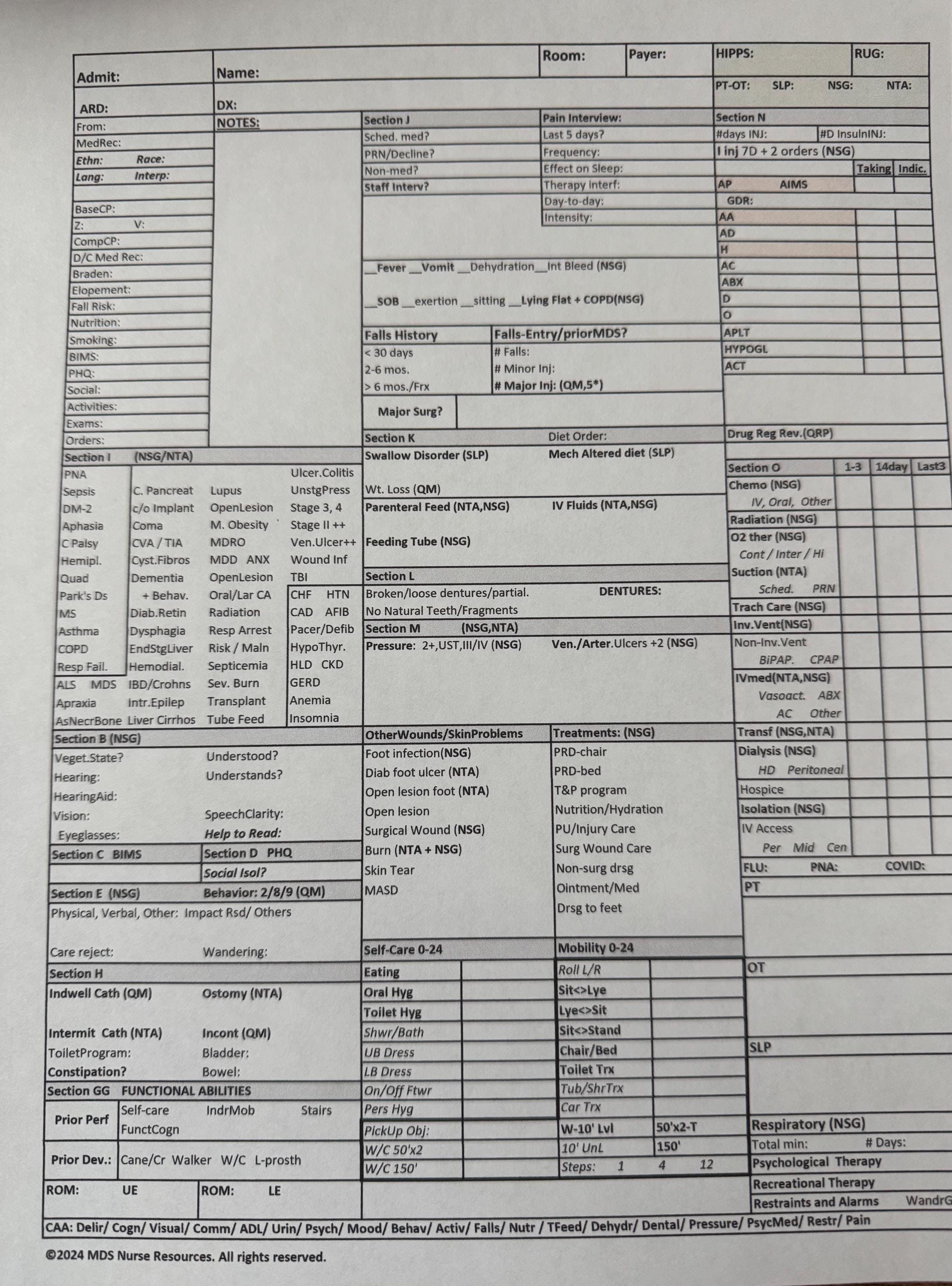 10.1.24 update changes. 3 worksheet Combo: MDS Worksheet and PDPM Projection Worksheet with CAA sections and Quick Reference chart.