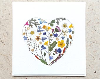 Handmade Pressed Flower Heart Card: REAL Flowers - Blank Inside