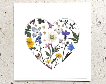 Heart Card: Handmade Floral Card, Blank inside, REAL Flowers
