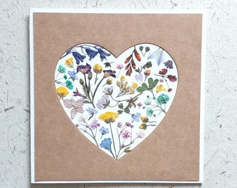 Carte coeur fleur - Vraies fleurs séchées pressées - Saint-Valentin, anniversaire, maman, merci, femme, partenaire, fiancée