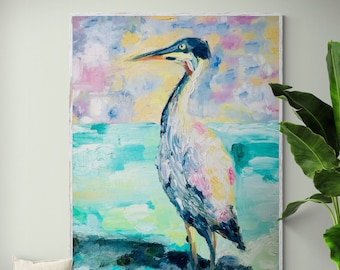 Florida Beach Art, Abstracte Vogel Kunst, Sea Life Art, Kleurrijke Oceaan Kunst, Grote Oceaan Wall Art, Zonsondergang Ocean Art, Originele Olieverf Egret