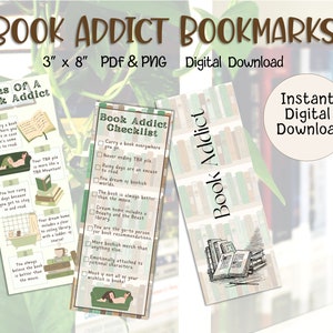 Book Addict Bookmarks Bookaholic Book Worm Bookmark Checklist Library Reader Book Lover Book Club Bookmark Bundle Digital Download Printable