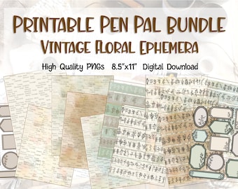 Pen Pal Printable Bundle | Ephemera Washi Tape Samples Bundle Vintage Floral Pen Pal Starter Kit Pen Paling Digital Download US Letter Size