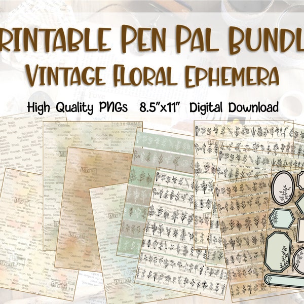 Pen Pal Printable Bundle | Ephemera Washi Tape Samples Bundle Vintage Floral Pen Pal Starter Kit Pen Paling Digital Download US Letter Size