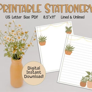Papelaria para impressão | Papel Boho Plant Cottagecore Pen Pal Carta Papel para escrever notas Papel para cartas digital Download digital Tamanho carta EUA