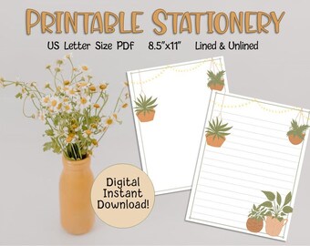 Printable Stationery | Plant Boho Paper Cottagecore Pen Pal Letter Writing Note Paper Digital Letter Paper Digital Download US Letter Size