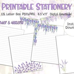Puede incluir: Papelería imprimible con un diseño floral de lavanda y glicinia. El diseño incluye flores moradas y hojas verdes. La papelería mide 8,5 pulgadas por 11 pulgadas y está disponible como descarga digital en formatos PDF y PNG.