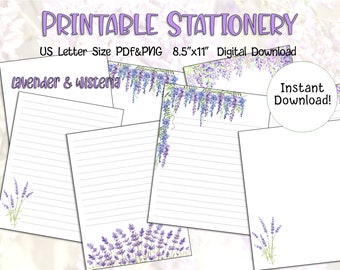 Printable Lavender Wisteria Stationery | wildflowers letter paper floral stationery digital download note paper pen pal us letter size