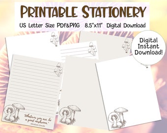 Druckbare Briefpapier | Pilz Cottagecore Papier Fairycore Brief schreiben Briefpapier Digitales Briefpapier Digitaler Download US Letter Größe