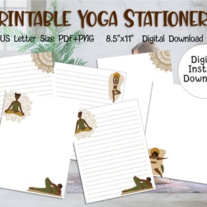 Puede incluir: Conjunto de papelería de yoga imprimible con cinco diseños diferentes que presentan mujeres en poses de yoga. Cada hoja mide 8,5 pulgadas por 11 pulgadas e incluye espacio de escritura con líneas. Los diseños presentan un patrón de mandala y una mujer en una pose de yoga. El texto "Descarga instantánea digital!" también está incluido.