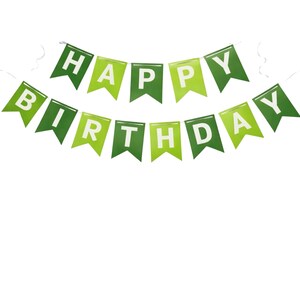 May include: A green and white banner that reads "HAPPY BIRTHDAY". The banner is made of individual pennants in varying shades of green, with white letters. The banner is strung on a white string, perfect for a birthday party.
