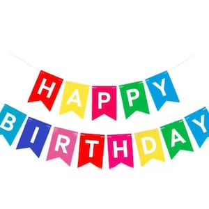 May include: A colorful "Happy Birthday" banner. The banner features individual pennants in red, blue, yellow, green, and pink, each displaying a letter in white. The banner is strung on a thin white string.
