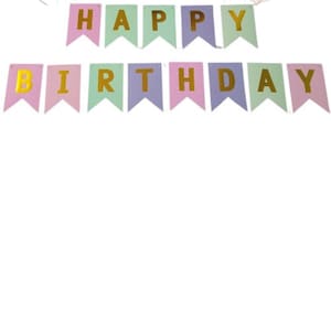May include: A pastel-colored banner with the words "HAPPY BIRTHDAY" in gold letters. The banner is made up of individual pennants in shades of pink, green, and purple, strung together with a white string. Perfect for a birthday party.