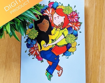 Romantische Lesben Grußkarte, digitaler Download, süße Karte für lesbische Paare, LGBTQ Kunst, lesbische Jubiläumskarte, sapphische Grußkarte